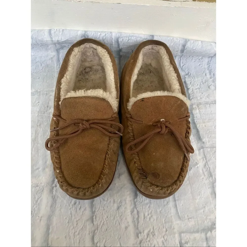 Bearpaw men 13 suede slip on moccasins w/front tie tan
